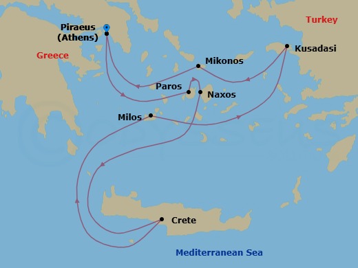 7 Night - Athens to Athens - Silver Ray - Starting in Athens (Piraeus), Paros, Naxos, Souda Bay (Crete), Milos, Kusadasi, Mykonos, Athens (Piraeus) itinerary map