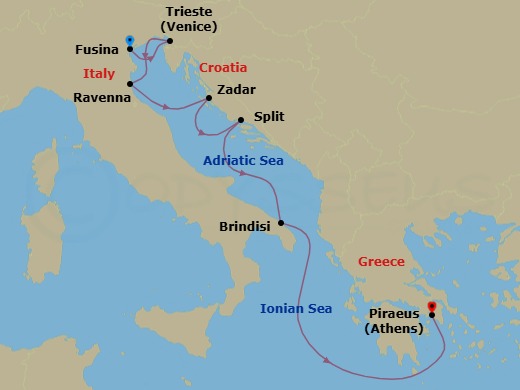 7 Night - Fusina to Athens - Silver Ray - Starting in Fusina (Venice), Trieste, Ravenna, Zadar, Split, Brindisi, Athens (Piraeus) itinerary map