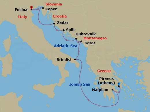 9 Night - Athens to Fusina - Silver Ray - Starting in Athens (Piraeus), Nafplion, Brindisi, Kotor, Dubrovnik, Croatia, Split, Zadar, Koper, Fusina (Venice) itinerary map
