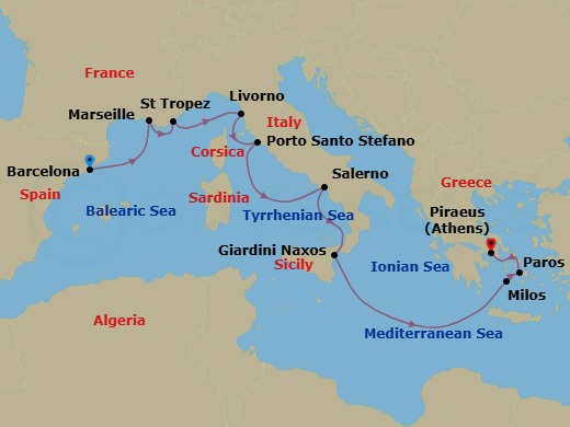 10 Night - Barcelona to Athens - Silver Ray - Starting in Barcelona, Marseille, Saint Tropez, Livorno (Tuscany), Porto Santo Stefano, Salerno, Giardini Naxos (Sicily), Milos, Paros, Athens (Piraeus) itinerary map