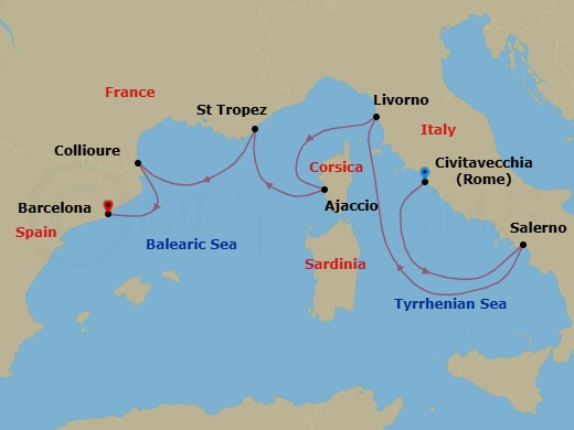 8 Night - Civitavecchia to Barcelona - Silver Ray - Starting in Civitavecchia (Rome), Salerno, Livorno (Tuscany), Ajaccio (Corsica), Saint Tropez, Collioure, Barcelona itinerary map