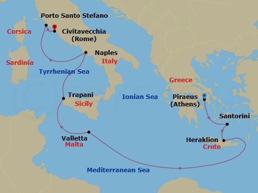 8 Night - Athens to Civitavecchia - Silver Ray - Starting in Athens (Piraeus), Santorini, Heraklion, Valletta, Trapani, Sicily, Naples, Porto Santo Stefano, Civitavecchia (Rome) itinerary map