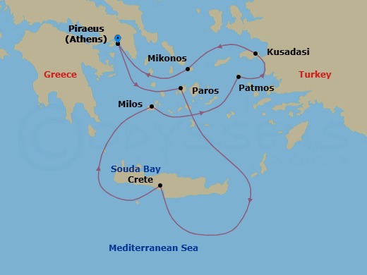 7 Night - Athens to Athens - Silver Ray - Starting in Athens (Piraeus), Paros, Souda Bay (Crete), Milos, Patmos, Kusadasi, Mykonos, Athens (Piraeus) itinerary map