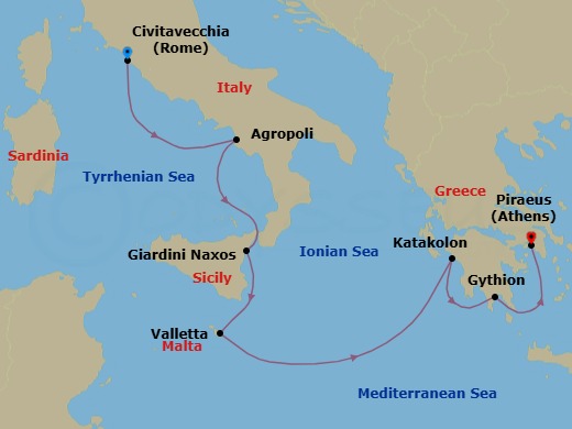 7 Night - Civitavecchia to Athens - Silver Ray - Starting in Civitavecchia (Rome), Agropoli, Giardini Naxos (Sicily), Valletta, Katakolon (Olympia), Gythion, Athens (Piraeus) itinerary map