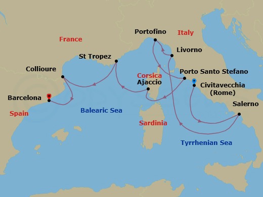 9 Night - Civitavecchia to Barcelona - Silver Ray - Starting in Civitavecchia (Rome), Salerno, Livorno (Tuscany), Portofino, Porto Santo Stefano, Ajaccio (Corsica), Saint Tropez, Collioure, Barcelona itinerary map