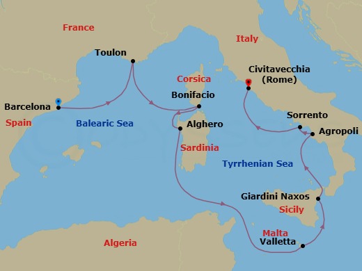 9 Night - Barcelona to Civitavecchia - Silver Ray - Starting in Barcelona, Toulon, Bonifacio (Corsica), Alghero, Sardinia, Valletta, Giardini Naxos (Sicily), Agropoli, Sorrento, Civitavecchia (Rome) itinerary map