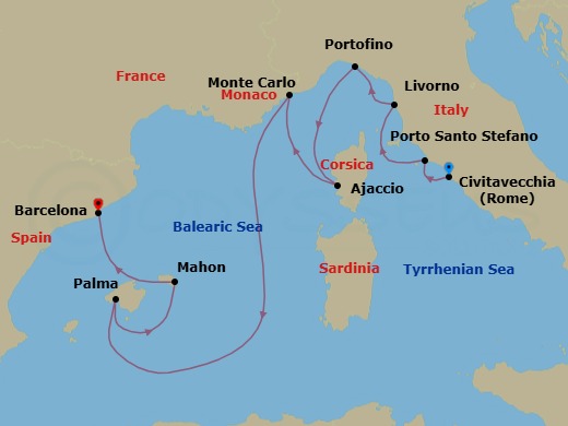 10 Night - Civitavecchia to Barcelona - Silver Ray - Starting in Civitavecchia (Rome), Porto Santo Stefano, Livorno (Tuscany), Portofino, Ajaccio (Corsica), Monte Carlo (Grand Prix), Palma De Mallorca, Porto Mahon, Barcelona itinerary map