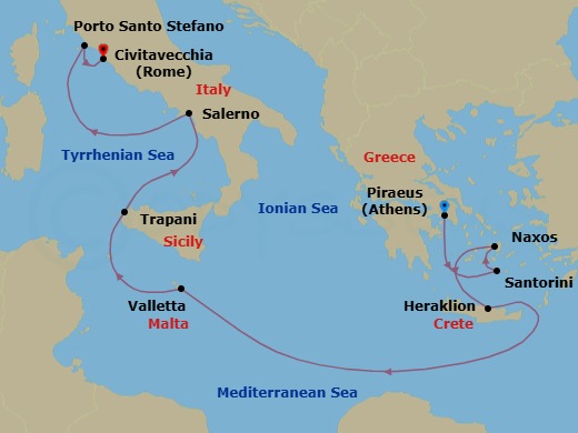 9 Night - Athens to Civitavecchia - Silver Ray - Starting in Athens (Piraeus), Santorini, Naxos, Heraklion, Valletta, Trapani, Sicily, Salerno, Porto Santo Stefano, Civitavecchia (Rome) itinerary map