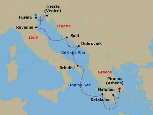 9 Night - Fusina to Athens - Silver Ray - Starting in Fusina (Venice), Trieste, Ravenna, Split, Dubrovnik, Croatia, Brindisi, Katakolon (Olympia), Nafplion, Athens (Piraeus) itinerary map