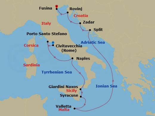 10 Night - Civitavecchia to Fusina - Silver Ray - Starting in Civitavecchia (Rome), Porto Santo Stefano, Naples, Giardini Naxos (Sicily), Siracusa (Sicily), Valletta, Split, Zadar, Rovinj, Fusina (Venice) itinerary map