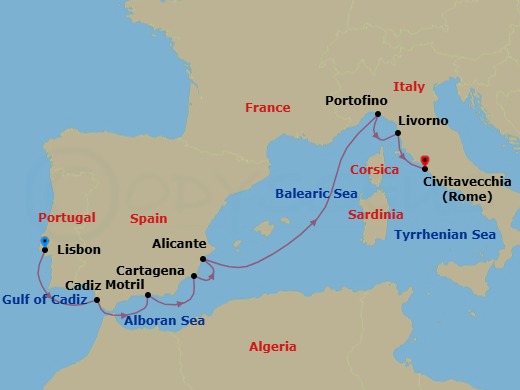 9 Night - Lisbon to Civitavecchia - Silver Ray - Starting in Lisbon, Cadiz, Motril, Cartagena ES, Spain, Alicante, Portofino, Livorno (Tuscany), Civitavecchia (Rome) itinerary map