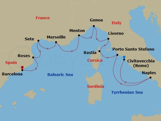 12 Night - Civitavecchia to Barcelona - Silver Dawn - Starting in Civitavecchia (Rome), Naples, Porto Santo Stefano, Bastia, Corsica, Livorno (Tuscany), Genoa, Menton, Marseille, Sete, Roses, Barcelona itinerary map