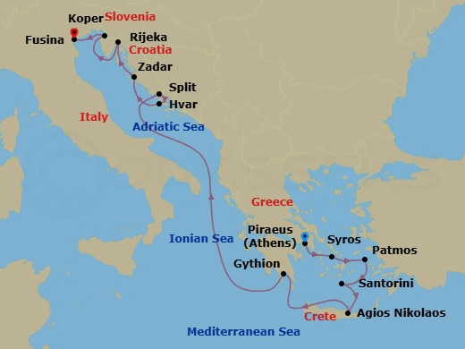 12 Night - Athens to Fusina - Silver Dawn - Starting in Athens (Piraeus), Syros, Patmos, Santorini, Aghios Nikolaos, Crete, Gythion, Split, Hvar, Zadar, Rijeka, Koper, Fusina (Venice) itinerary map