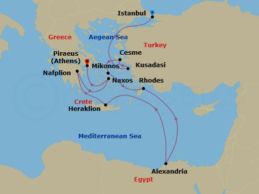 12 Night - Istanbul to Athens - Silver Dawn - Starting in Istanbul, Kusadasi, Cesme, Mykonos, Rhodes, Alexandria EG, Heraklion, Nafplion, Naxos, Athens (Piraeus) itinerary map