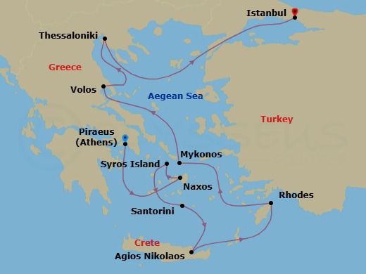 11 Night - Athens to Istanbul - Silver Dawn - Starting in Athens (Piraeus), Naxos, Syros, Santorini, Aghios Nikolaos, Crete, Rhodes, Mykonos, Volos, Thessaloniki, Istanbul itinerary map