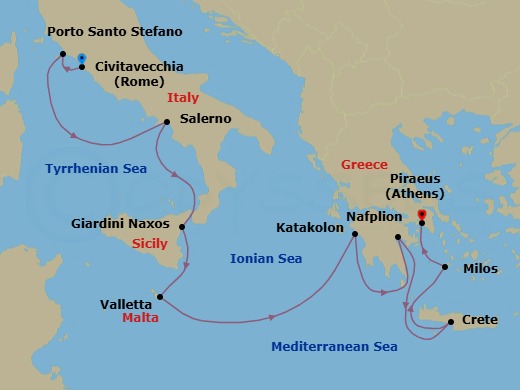 10 Night - Civitavecchia to Athens - Silver Dawn - Starting in Civitavecchia (Rome), Porto Santo Stefano, Salerno, Giardini Naxos (Sicily), Valletta, Katakolon (Olympia), Nafplion, Souda Bay (Crete), Milos, Athens (Piraeus) itinerary map