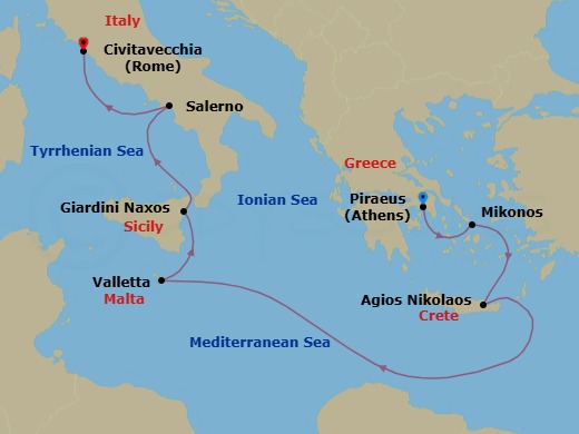 7 Night - Athens to Civitavecchia - Silver Dawn - Starting in Athens (Piraeus), Mykonos, Aghios Nikolaos, Crete, Valletta, Giardini Naxos (Sicily), Salerno, Civitavecchia (Rome) itinerary map