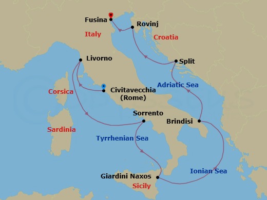 9 Night - Civitavecchia to Fusina - Silver Dawn - Starting in Civitavecchia (Rome), Livorno (Tuscany), Sorrento, Giardini Naxos (Sicily), Brindisi, Split, Rovinj, Fusina (Venice) itinerary map