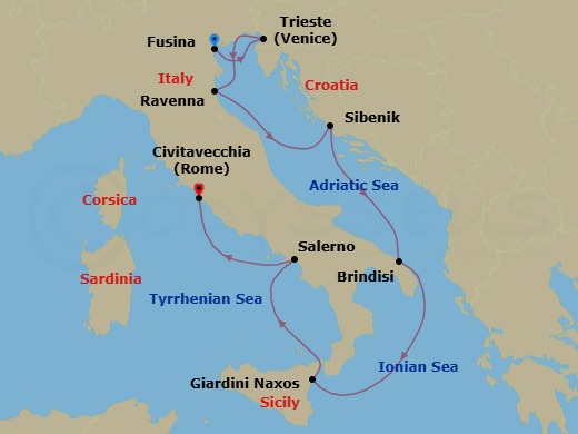 8 Night - Fusina to Civitavecchia - Silver Dawn - Starting in Fusina (Venice), Trieste, Ravenna, Sibenik, Brindisi, Giardini Naxos (Sicily), Salerno, Civitavecchia (Rome) itinerary map