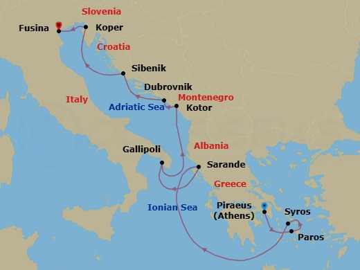 10 Night - Athens to Fusina - Silver Dawn - Starting in Athens (Piraeus), Paros, Syros, Sarande, Gallipoli, Kotor, Dubrovnik, Croatia, Sibenik, Koper, Fusina (Venice) itinerary map