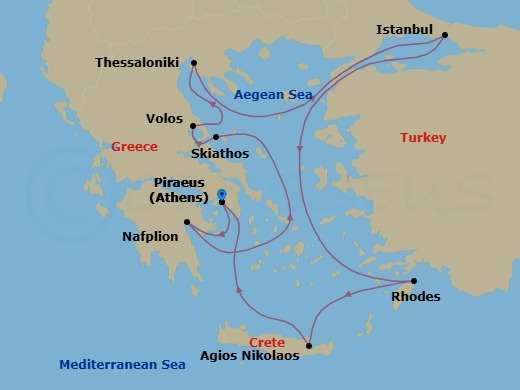 11 Night - Athens to Athens - Silver Dawn - Starting in Athens (Piraeus), Nafplion, Skiathos, Volos, Thessaloniki, Istanbul, Rhodes, Aghios Nikolaos, Crete, Athens (Piraeus) itinerary map