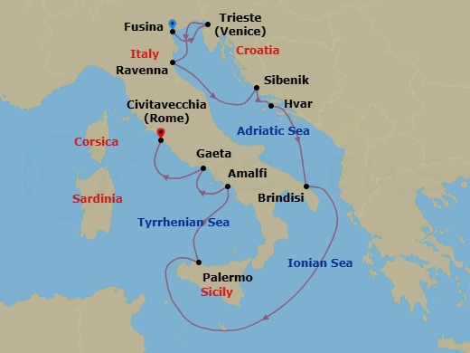 10 Night - Fusina to Civitavecchia - Silver Dawn - Starting in Fusina (Venice), Trieste, Ravenna, Sibenik, Hvar, Brindisi, Palermo, Sicily, Amalfi, Gaeta, Civitavecchia (Rome) itinerary map