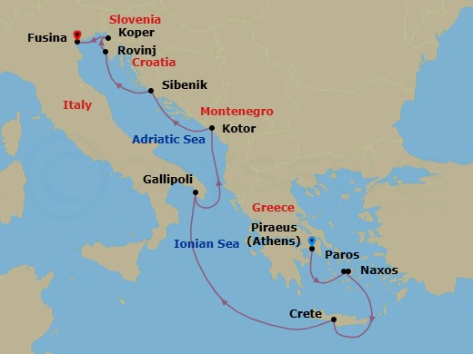 10 Night - Athens to Fusina - Silver Dawn - Starting in Athens (Piraeus), Naxos, Paros, Souda Bay (Crete), Gallipoli, Kotor, Sibenik, Rovinj, Koper, Fusina (Venice) itinerary map
