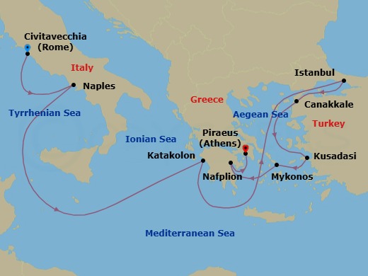 11 Night - Civitavecchia to Athens - Silver Dawn - Starting in Civitavecchia (Rome), Naples, Katakolon (Olympia), Istanbul, Canakkale, Kusadasi, Mykonos, Nafplion, Athens (Piraeus) itinerary map