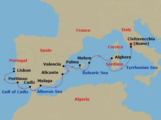 10 Night - Lisbon to Civitavecchia - Silver Dawn - Starting in Lisbon, Portimao, Cadiz, Malaga (Costa del Sol), Alicante, Valencia, Palma De Mallorca, Porto Mahon, Alghero, Sardinia, Civitavecchia (Rome) itinerary map