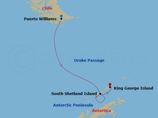 9 Night - Puerto Williams to King George Island - Silver Wind - Starting in Puerto Williams, Drake Passage, South Shetland Islands, Antarctic Peninsula, South Shetland Islands, King George Island itinerary map