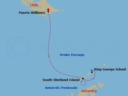 9 Night - King George Island to Puerto Williams - Silver Wind - Starting in King George Island, South Shetland Islands, Antarctic Peninsula, South Shetland Islands, Drake Passage, Puerto Williams itinerary map