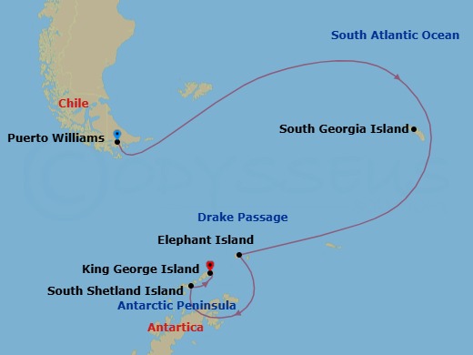 14 Night - Puerto Williams to King George Island - Silver Wind - Starting in Puerto Williams, South Georgia, Drake Passage, Elephant Island, Antarctic Peninsula, South Shetland Islands, King George Island itinerary map
