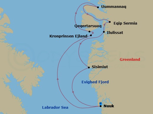 8 Night - Nuuk to Nuuk - Silver Wind - Starting in Nuuk (Godthab), Evighedsfjord, Stromfjord Nordre, Kronprinsen Ejland, Qeqertarsuaq, Uummannaq Fjord, Eqip Sermia Glacier, Ilulissat, Sisimiut, Nuuk (Godthab) itinerary map