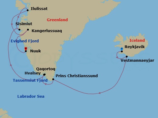 12 Night - Reykjavik to Nuuk - Silver Wind - Starting in Reykjavik, Vestmannaeyjar, Cruise Prince Christian Sound, Tassermiut Fjord, Qaqortoq (Julianehab), Hvalsey, Sisimiut, Ilulissat, Kangerlussuaq, Evighedsfjord, Nuuk (Godthab) itinerary map