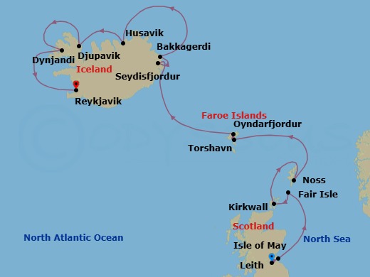 12 Night - Edinburgh to Reykjavik - Silver Wind - Starting in Edinburgh (Leith), Isle of May, Fair Isle, Scotland, Kirkwall, Orkney Islands, Scotland, Noss, Scotland, Torshavn, Faroe Islands, Oyndarfjordur, Seydisfjordur, Bakkagerdi, Husavik, Djupavik, Dynjandi Waterfalls, Reykjavik itinerary map