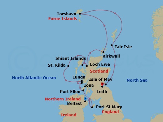 10 Night - Belfast to Edinburgh - Silver Wind - Starting in Belfast, Port St Mary, Isle of Man, Port Ellen, Islay Island, Scotland, Iona, Lunga, St Kilda, Boreray Island cruising, Shiant Islands, Scotland, Loch Ewe, Kirkwall, Orkney Islands, Scotland, Torshavn, Faroe Islands, Fair Isle, Scotland, Isle of May, Edinburgh (Leith) itinerary map