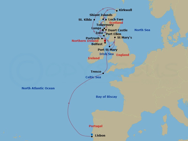 12 Night - Lisbon to Belfast - Silver Wind - Starting in Lisbon, Tresco, Isles of Scilly, St Marys (Isles of Scilly), Port St Mary, Isle of Man, Port Ellen, Islay Island, Scotland, St Kilda, Boreray Island cruising, Kirkwall, Orkney Islands, Scotland, Shiant Islands, Scotland, Loch Ewe, Tobermory, Isle of Mull, Duart, Isle of Mull, Hebrides, Iona, Lunga, Portrush, Belfast itinerary map