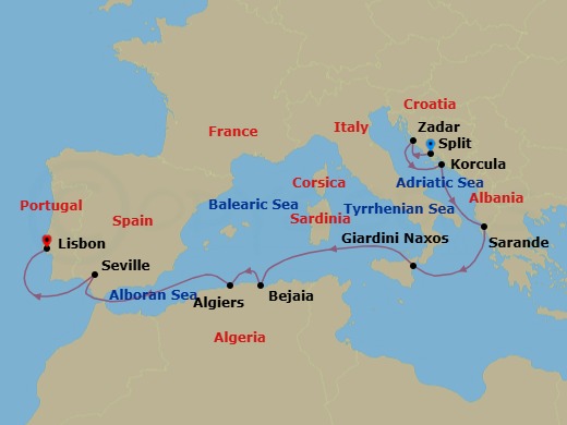 14 Night - Split to Lisbon - Silver Wind - Starting in Split, Zadar, Korcula, Sarande, Giardini Naxos (Sicily), Bejaia, Algiers, Cruise Guadalquivir River, Sevilla, Lisbon itinerary map