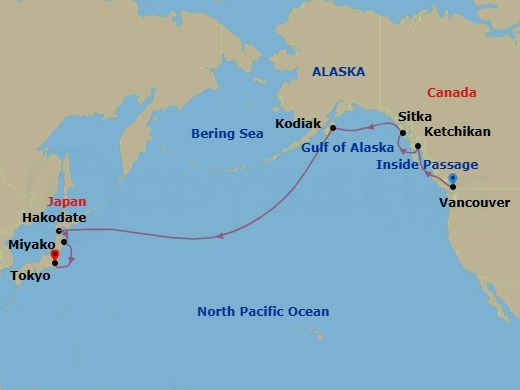 16 Night - Vancouver to Tokyo - Silver Whisper - Starting in Vancouver, Cruise British Columbia Inside Passage, Ketchikan, Alaska, Sitka, Alaska, Kodiak Island, Alaska, Date Line lose a day, Hakodate (Hokkaido), Miyako, Iwate itinerary map
