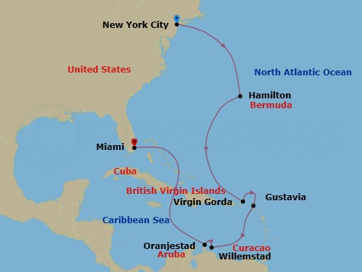 13 Night - New York to Miami - Silver Spirit - Starting in New York, NY, Hamilton, Spanish Town, Gustavia, St Barthelemy, Willemstad AN, Curacao, Oranjestad, Aruba, Miami, Fl itinerary map