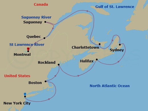11 Night - New York to Montreal - Silver Spirit - Starting in New York, NY, Boston, Massachusetts, Rockland, Maine, Halifax, Nova Scotia, Sydney NS, Nova Scotia, Charlottetown, Prince Edward Island, Saguenay, Quebec, Quebec City, Montreal itinerary map