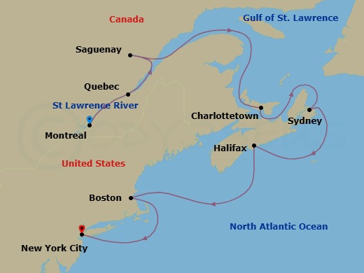 11 Night - Montreal to New York - Silver Spirit - Starting in Montreal, Quebec City, Saguenay, Quebec, Charlottetown, Prince Edward Island, Sydney NS, Nova Scotia, Halifax, Nova Scotia, Boston, Massachusetts, New York, NY itinerary map
