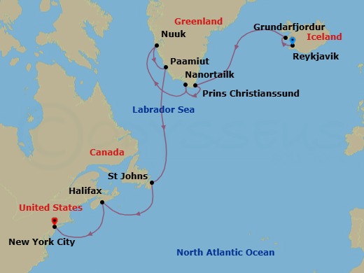 16 Night - Reykjavik to New York - Silver Spirit - Starting in Reykjavik, Grundarfjordur, Cruise Prince Christian Sound, Nanortalik (Kujalleq), Nuuk (Godthab), Paamiut, St Johns NF, Newfoundland, Halifax, Nova Scotia, New York, NY itinerary map
