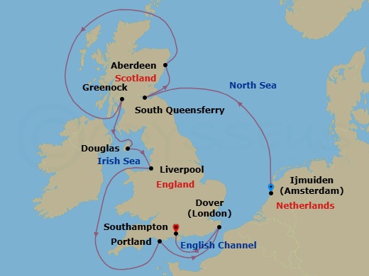 12 Night - Ijmuiden to Southampton - Silver Spirit - Starting in Ijmuiden (Amsterdam), South Queensferry (Edinburgh), Scotland, Aberdeen, Greenock (Glasgow), Scotland, Isle of Man (Douglas), Liverpool, Portland UK, Dover UK (London), England, Southampton itinerary map