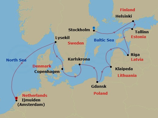10 Night - Stockholm to Ijmuiden - Silver Spirit - Starting in Stockholm, Helsinki, Tallinn, Riga, Klaipeda, Gdansk, Karlskrona, Copenhagen, Lysekil, Ijmuiden (Amsterdam) itinerary map