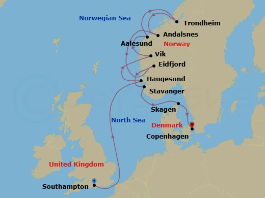 12 Night - Southampton to Copenhagen - Silver Spirit - Starting in Southampton, Haugesund, Vik, Alesund, Trondheim (Trondelag), Andalsnes, Eidfjord, Stavanger, Skagen, Copenhagen itinerary map