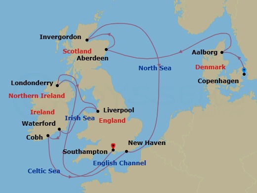 12 Night - Copenhagen to Southampton - Silver Spirit - Starting in Copenhagen, Aalborg, Aberdeen, Invergordon (Highland), Newhaven (Edinburgh), Scotland, Greencastle (Londonderry), Liverpool, Waterford (Dunmore East), Cobh, Southampton itinerary map