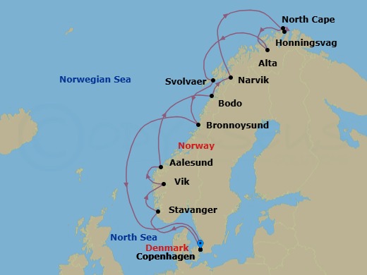 16 Night - Copenhagen to Copenhagen - Silver Spirit - Starting in Copenhagen, Stavanger, Vik, Alesund, Bodo, Narvik, Honningsvag (North Cape), Cruising Along North Cape, Alta, Svolvaer, Bronnoysund, Copenhagen itinerary map