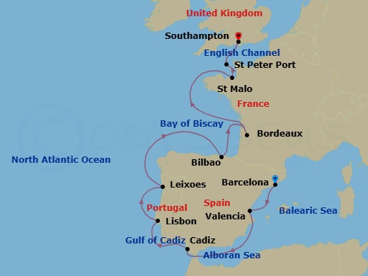 15 Night - Barcelona to Southampton - Silver Spirit - Starting in Barcelona, Valencia, Cadiz, Lisbon, Oporto (Leixoes), Bilbao, Bordeaux, Saint Malo (Brittany), St Peter Port, Southampton itinerary map