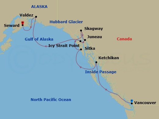 9 Night - Vancouver to Seward (Anchorage) - Silver Muse - Starting in Vancouver, Cruise British Columbia Inside Passage, Ketchikan, Alaska, Sitka, Alaska, Skagway, Alaska, Juneau, Alaska, Icy Strait Point, Alaska, Cruise Hubbard Glacier, Alaska, Valdez, Alaska, Seward (Anchorage, Alaska) itinerary map